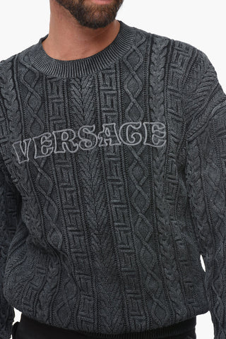 Crew Neck Aran Cotton Pullover with Embroidered Logo