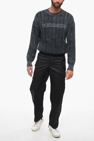Crew Neck Aran Cotton Pullover with Embroidered Logo