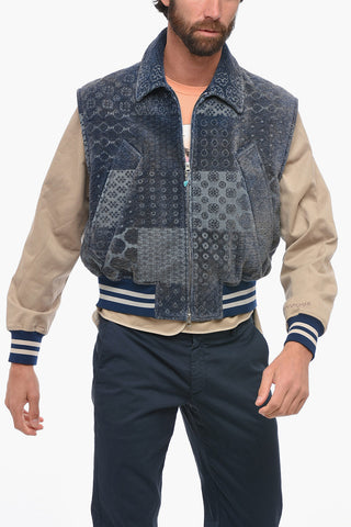 Denim Bomber Jacket with Patchwork-effect Vest