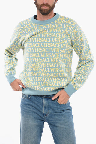 Crew Neck Jacquard Cotton Sweater with Monogram Motif