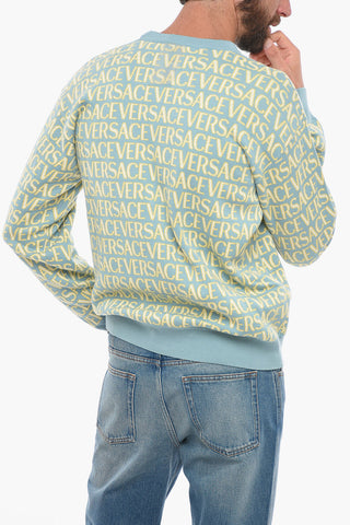 Crew Neck Jacquard Cotton Sweater with Monogram Motif