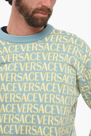 Crew Neck Jacquard Cotton Sweater with Monogram Motif