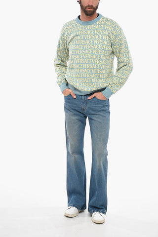 Crew Neck Jacquard Cotton Sweater with Monogram Motif