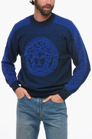 Crew Neck Cotton MEDUSA Sweater with Terry Details