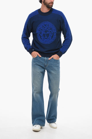 Crew Neck Cotton MEDUSA Sweater with Terry Details