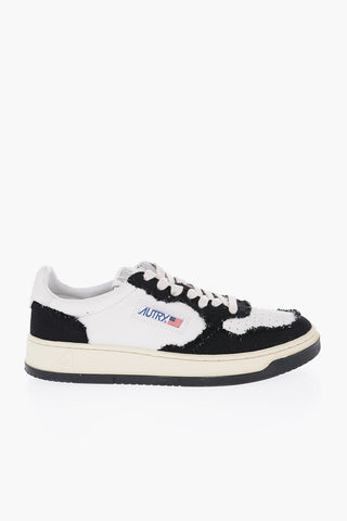 Leather and Fabric Low Top Sneakers with Contrasting Logo
