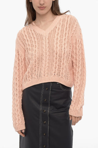 Cropped Cable Knit CELESTINA Sweater with V-neck