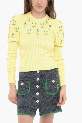 Ribbed Crew-neck Sweater with Lurex Embroideries