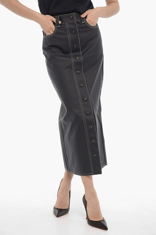 Faux Leather Sheat Maxi Skirt with Buttons-Front