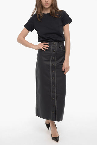 Faux Leather Sheat Maxi Skirt with Buttons-Front
