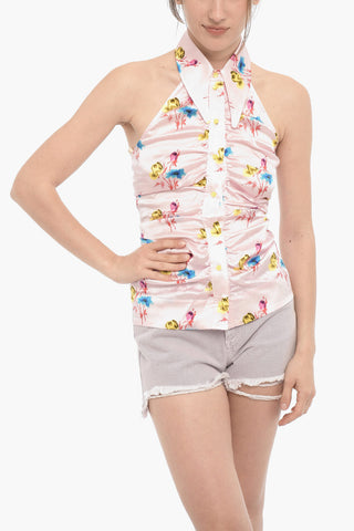 Patterned Silk Halterneck Top with Front Buttoning
