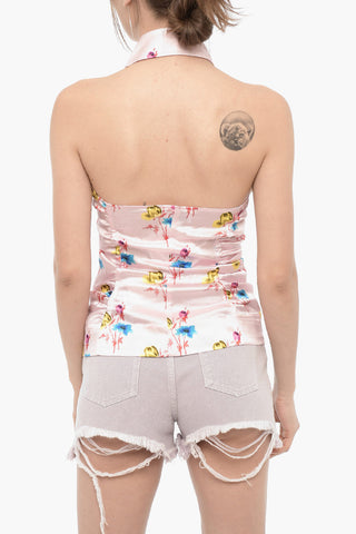 Patterned Silk Halterneck Top with Front Buttoning