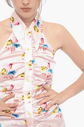 Patterned Silk Halterneck Top with Front Buttoning