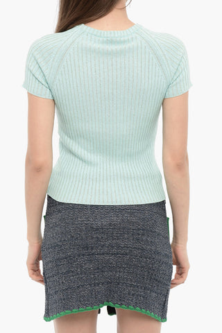 Maglia Girocollo a Coste a Manica Corta con Ricami in Lurex