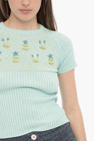Short Sleeve Ribbed Crew-Neck Sweater with Lurex Embroideries