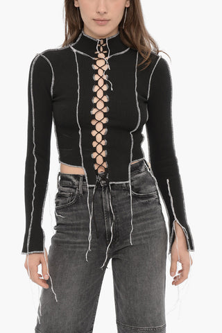 Top Crop a Costine a Manica Lunga con Dettaglio Lace-up