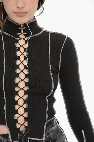 Top Crop a Costine a Manica Lunga con Dettaglio Lace-up