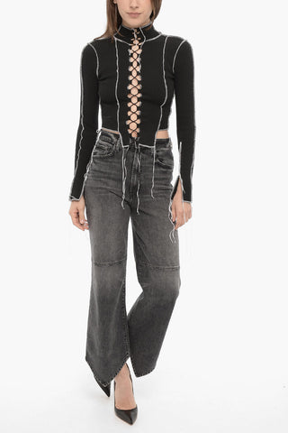 Top Crop a Costine a Manica Lunga con Dettaglio Lace-up
