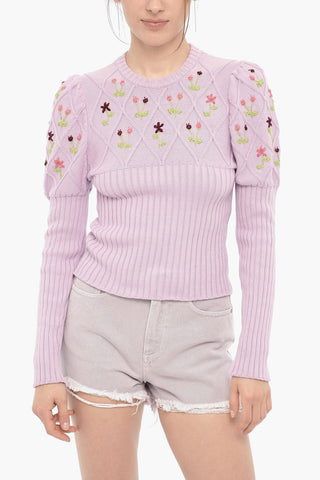Ribbed Crew-neck Sweater with Lurex Embroideries
