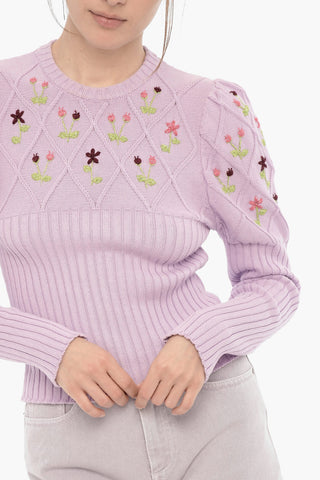 Ribbed Crew-neck Sweater with Lurex Embroideries