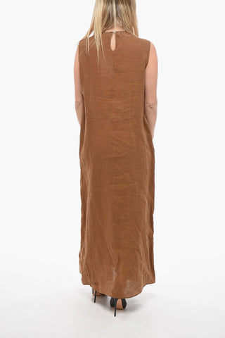 Linen Sleeveless Dress with Gathered Detail