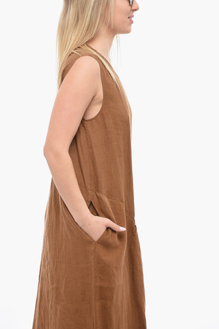 Linen Sleeveless Dress with Gathered Detail