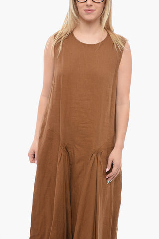 Linen Sleeveless Dress with Gathered Detail