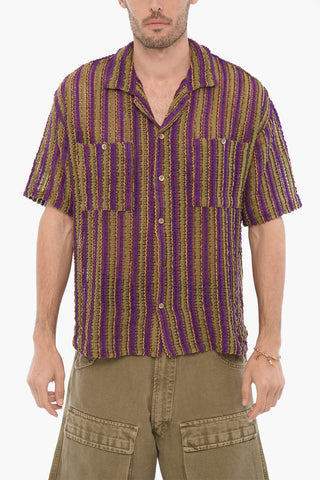 Camicia a Righe Traforata a Manica Corta con Doppio Taschino