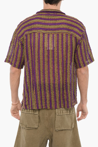 Camicia a Righe Traforata a Manica Corta con Doppio Taschino