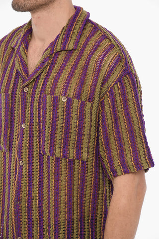 Camicia a Righe Traforata a Manica Corta con Doppio Taschino