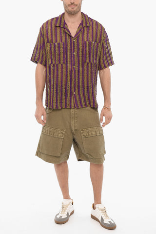 Camicia a Righe Traforata a Manica Corta con Doppio Taschino
