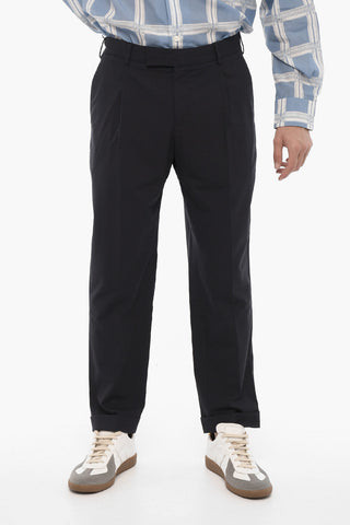 Solid Color Single-Pleat Pants with Cuffed Hem