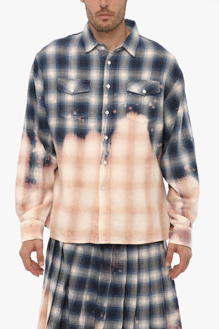 Acid Wash Effect Plaid Check Shirt with Spread Collar
