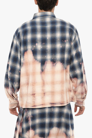 Acid Wash Effect Plaid Check Shirt with Spread Collar