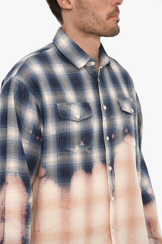 Acid Wash Effect Plaid Check Shirt with Spread Collar