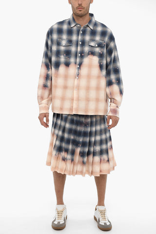 Acid Wash Effect Plaid Check Shirt with Spread Collar