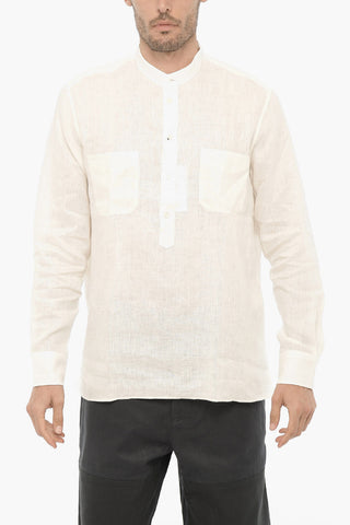 Mandarin Collar Linen Shirt with Double Breast Pocket