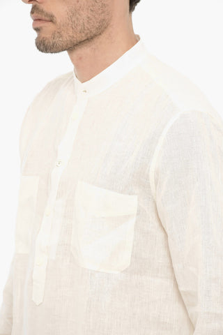 Mandarin Collar Linen Shirt with Double Breast Pocket