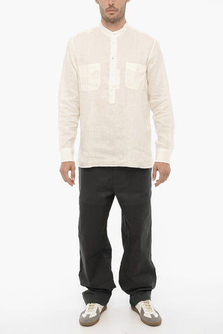 Mandarin Collar Linen Shirt with Double Breast Pocket