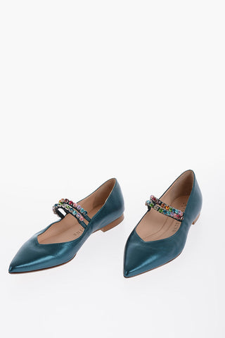 Point Toe Laminated Leather Ballet Flats with Jewels