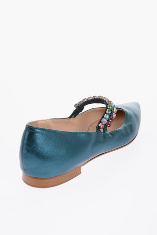 Point Toe Laminated Leather Ballet Flats with Jewels