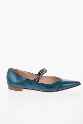 Point Toe Laminated Leather Ballet Flats with Jewels