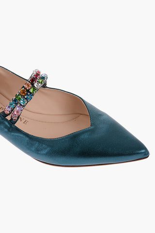Point Toe Laminated Leather Ballet Flats with Jewels