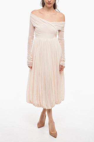 Stretch Tulle Flared Dress with Gathered Detail