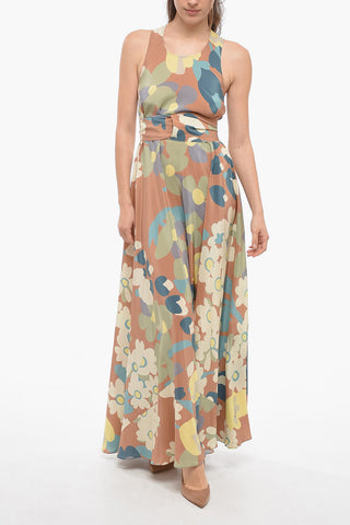 Silk Belted Maxi Dress with Floral Pattern 