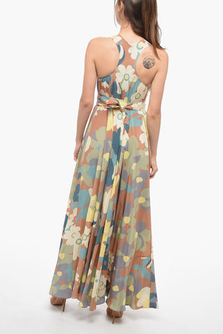 Silk Belted Maxi Dress with Floral Pattern 