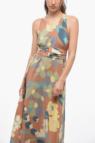 Silk Belted Maxi Dress with Floral Pattern 