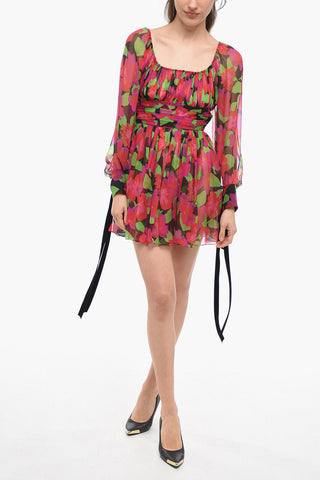 Draped Silk Dress With Bow Detail and Floral Motif