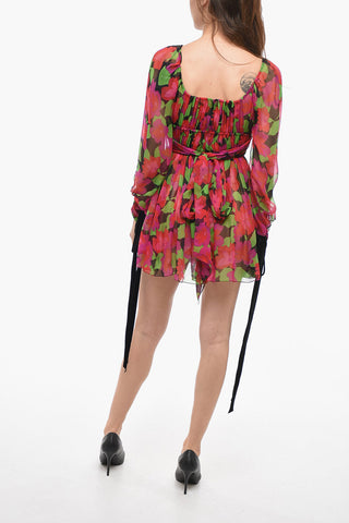 Draped Silk Dress With Bow Detail and Floral Motif