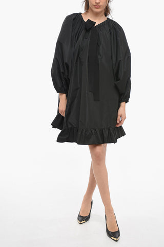 Popeline Shirt Dress with Drawstringed Neck and Bat-wing Sleeves 